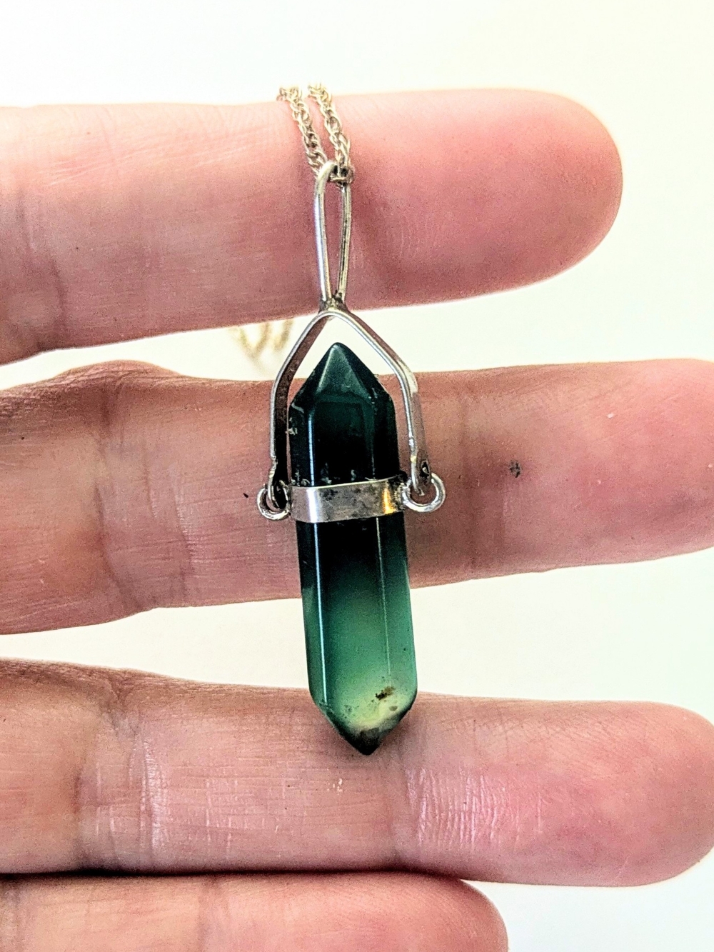 Vintage Sterling Silver Dbl. Terminated Jade Point Amulet Pendant Chain Necklace